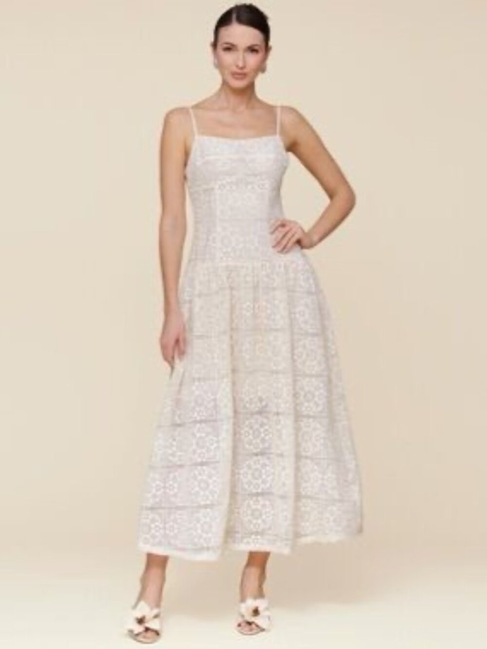 Avec Les Filles Womens Natural Lace Midi Dress With Adjustable Spaghetti Straps
